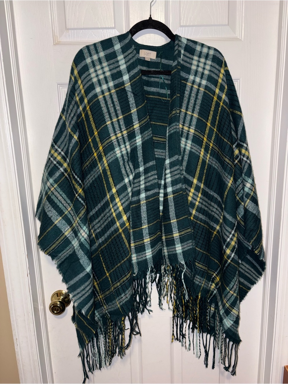 LOFT Teal and Yellow Plaid Fringe Wrap